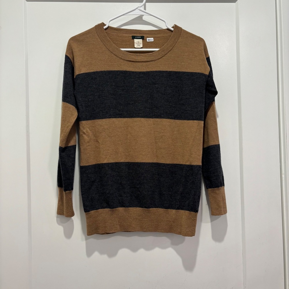 J.Crew Womens XS Merino Wool Striped Sweater Brown Gray Crewneck Long Sleeve